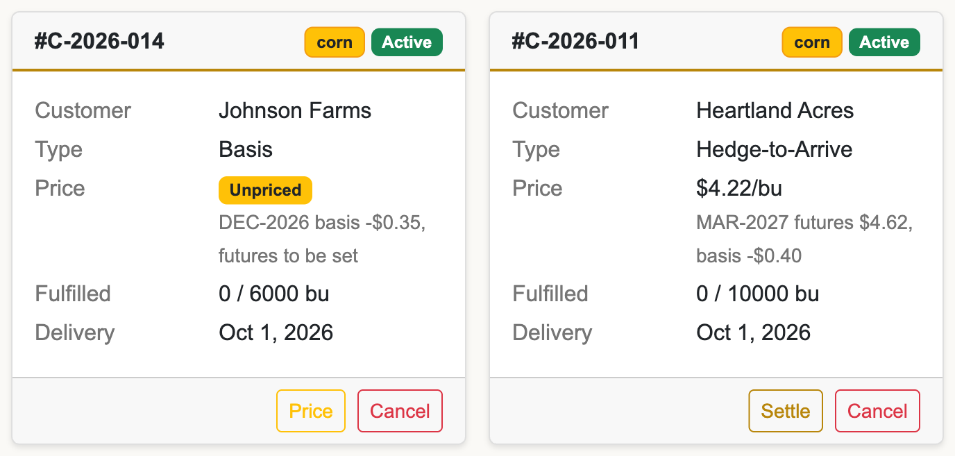 Two contract cards in Horizon Grain: a basis contract marked Unpriced with a Price button, beside a hedge-to-arrive contract already priced at $4.22 per bushel with a Settle button