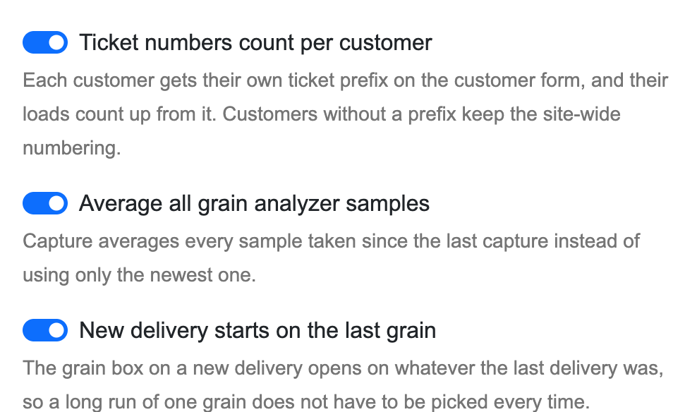 Three switches on the Site Config page: Ticket numbers count per customer, Average all grain analyzer samples, and New delivery starts on the last grain