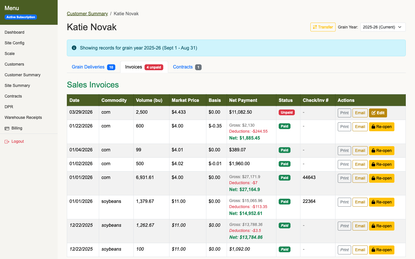 Customer summary with storage totals and settlement details