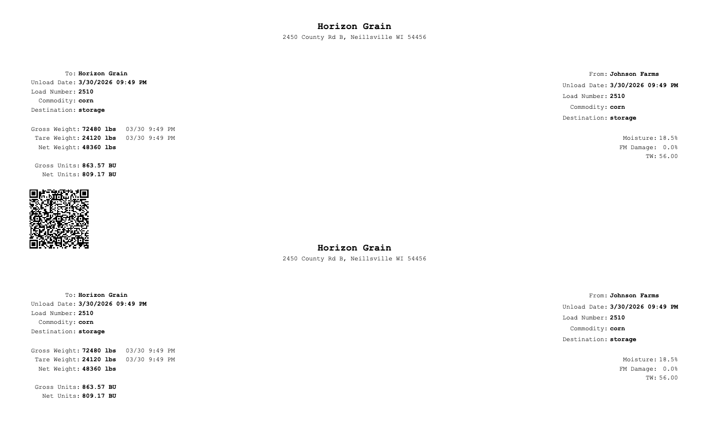 Printed delivery ticket with QR code, weights, moisture, and grain details