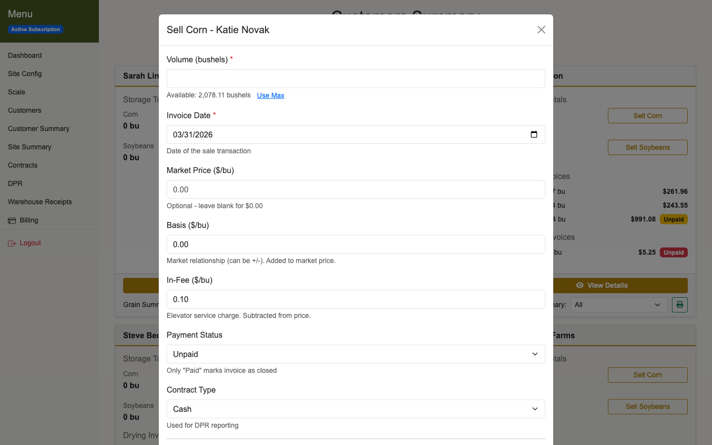 Sell Corn dialog with volume, market price, basis, and fee settings