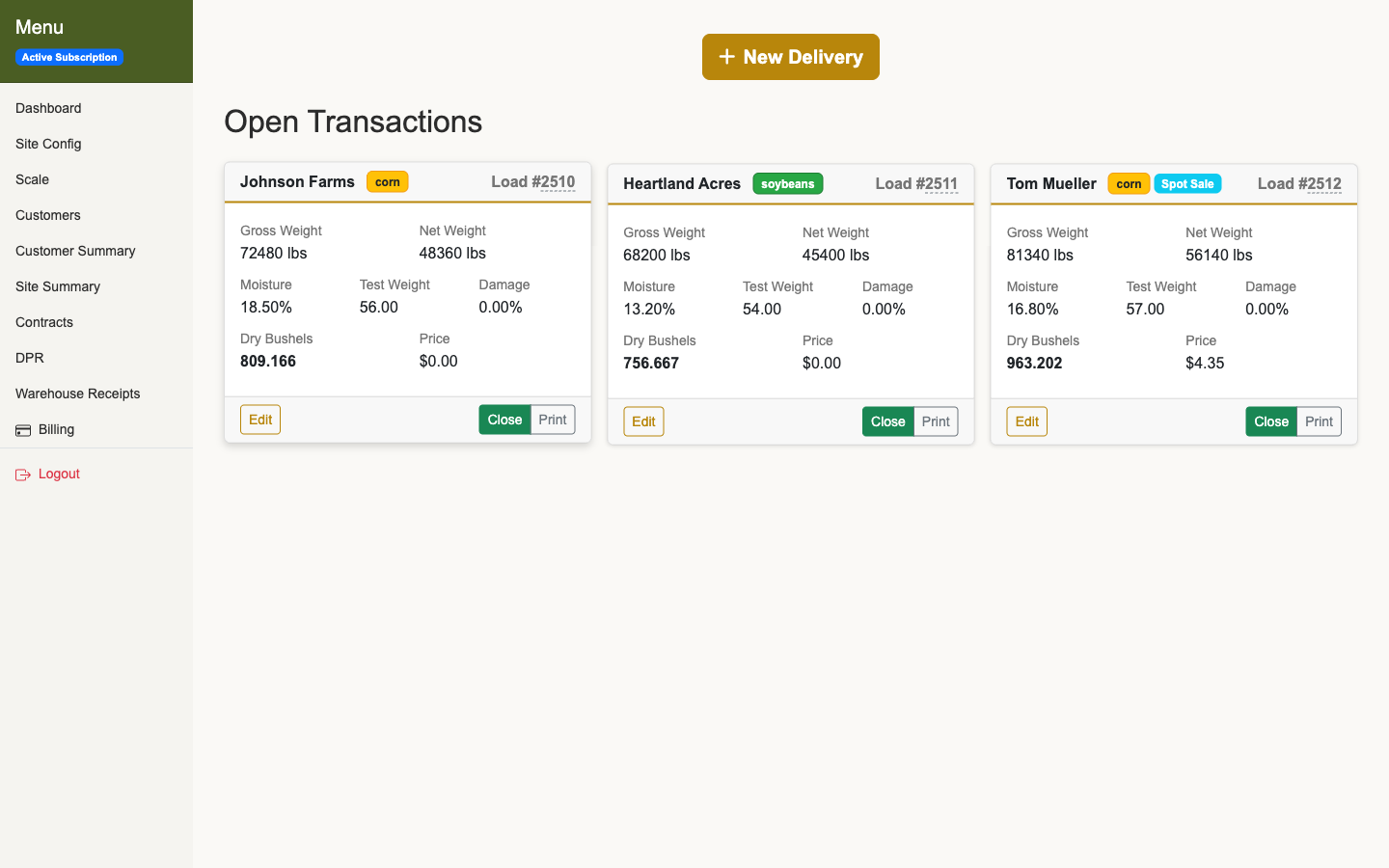 Horizon Grain scale interface showing open grain deliveries with weights, moisture, and commodity data