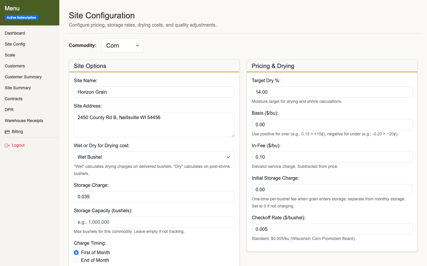 Drying cost configuration with target moisture and pricing settings